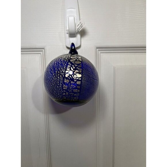 Handblown Cobalt Blue & Gold Design Round Ornament Ball Holiday Corning Glass - Picture 1 of 9